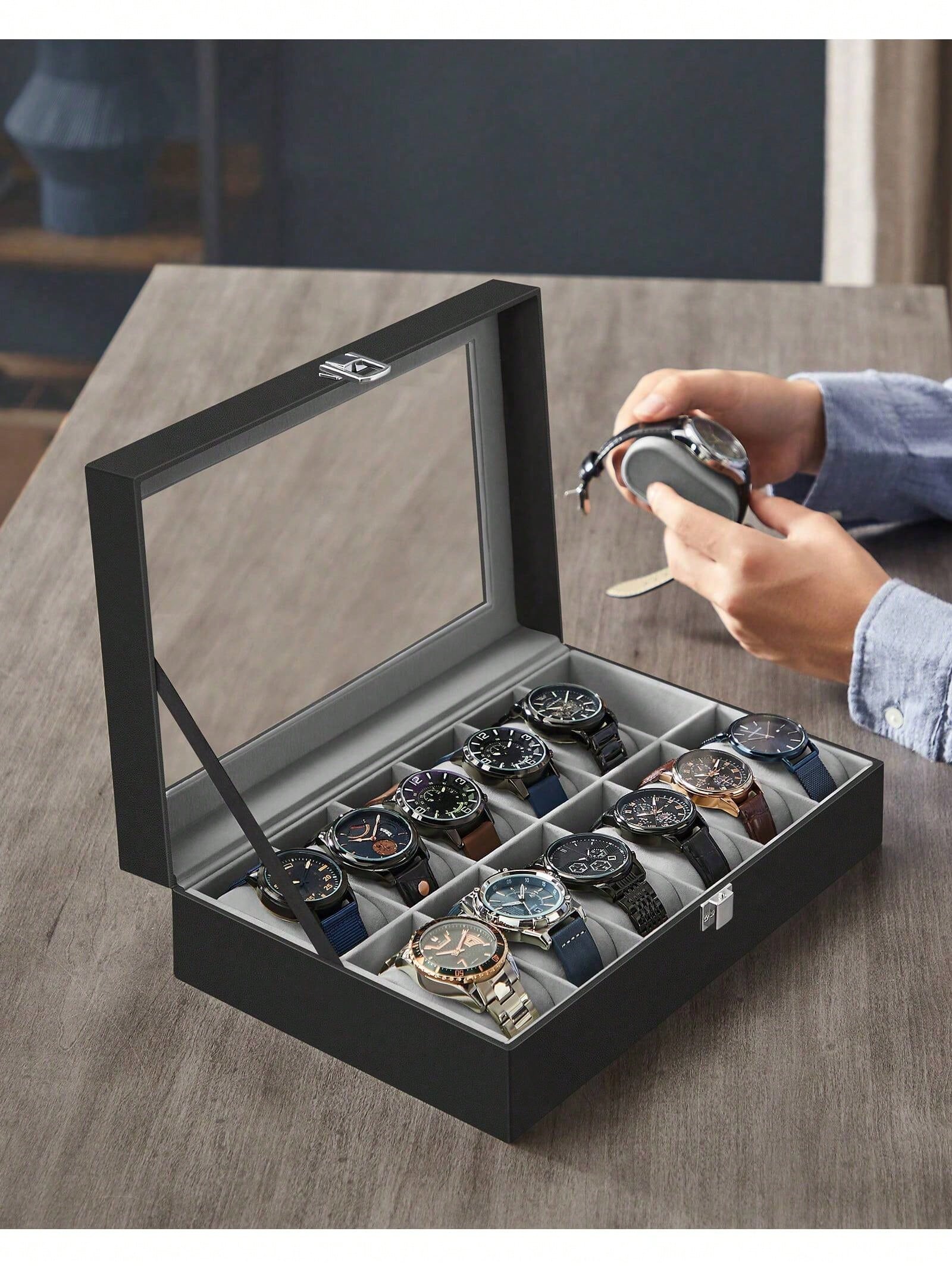 12-Slot Lockable Watch Box wit - Jewelry Box Organizer Watches 评论和价格